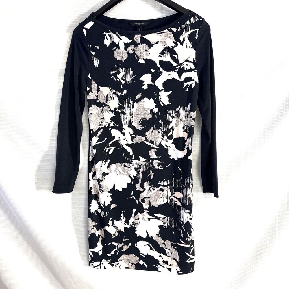 Banana Republic Shift Dress Black Blush Boat Neck LS Stretch Women's - Petite S